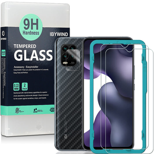 Mi 10 Lite Ibywind Screen Protector [Pack of 2] with Camera Lens Protector,Back Carbon Fiber Skin Protector,Including Easy Install Kit