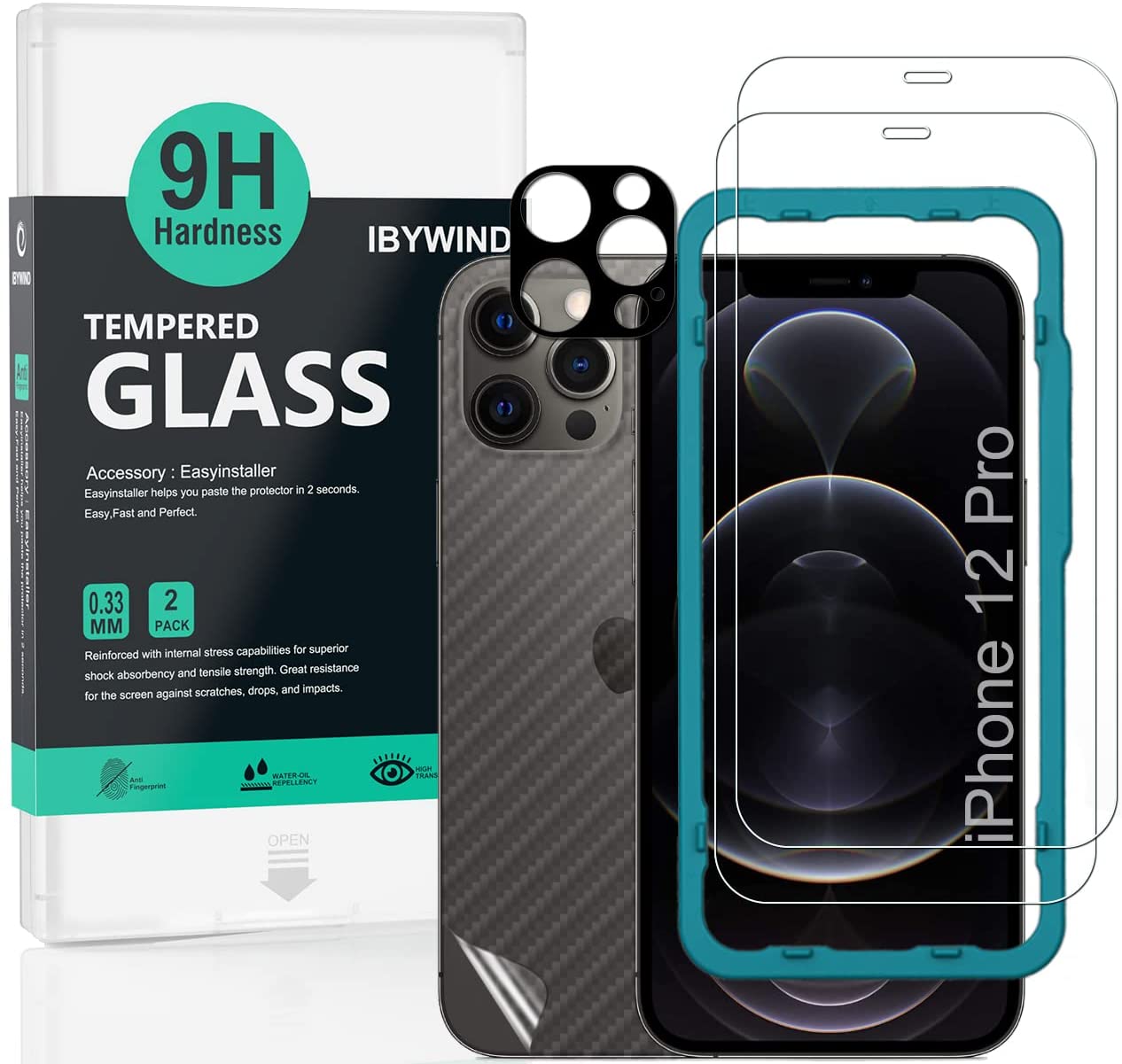 Apple iPhone 12/12 Pro (6.1") Ibywind Screen Protector [Pack of 2] with Back Carbon Fiber Skin Protector,Including Easy Install Kit