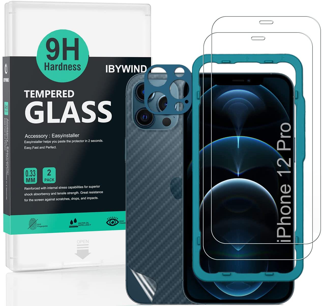 Apple iPhone 12/12 Pro (6.1") Ibywind Screen Protector [Pack of 2] with Back Carbon Fiber Skin Protector,Including Easy Install Kit