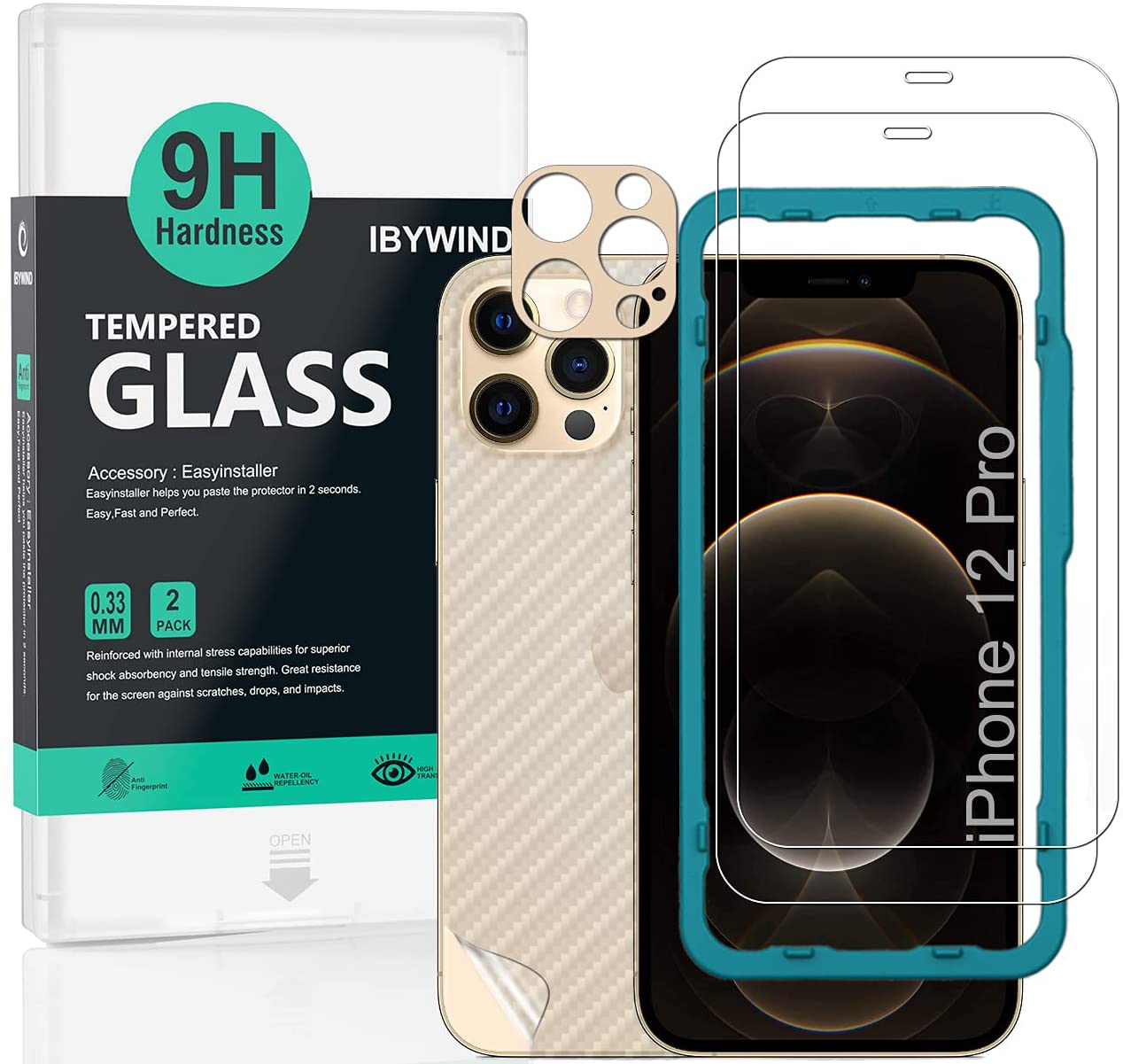 Apple iPhone 12/12 Pro (6.1") Ibywind Screen Protector [Pack of 2] with Back Carbon Fiber Skin Protector,Including Easy Install Kit