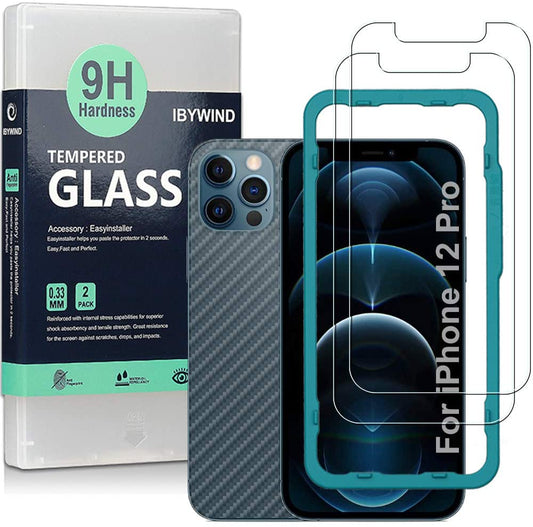 Apple iPhone 12/12 Pro (6.1") Ibywind Screen Protector [Pack of 2] with Back Carbon Fiber Skin Protector,Including Easy Install Kit