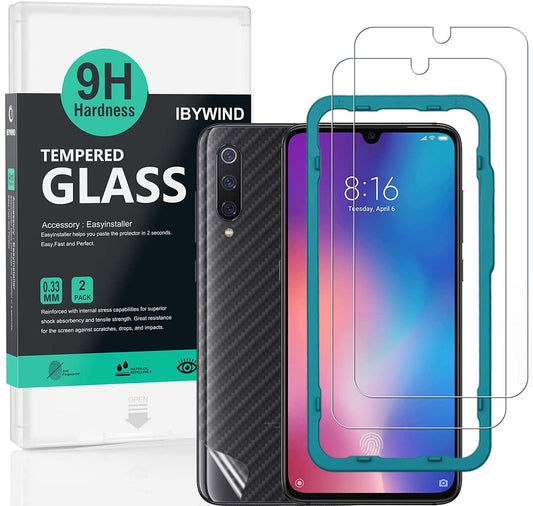 Xiaomi Mi 9 / Mi 9 Pro 5G Ibywind Screen Protector [Pack of 2] 9H Tempered Glass Screen Protector with Back Carbon Fiber Skin Protector,Including Easy Install Kit