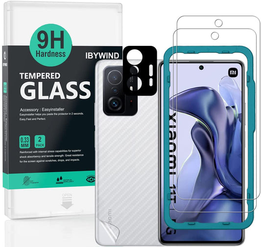 Xiaomi 11T 5G/11T Pro 5G Ibywind Screen Protector [Pack of 2] with Metal Camera Lens Protector,Back Carbon Fiber Skin Protector,Including Easy Install Kit