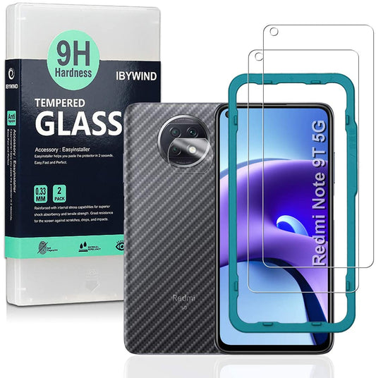 Redmi Note 9T 5G(6.53") Ibywind Screen Protector [Pack of 2] with Camera Lens Protector,Back Carbon Fiber Skin Protector,Including Easy Install Kit