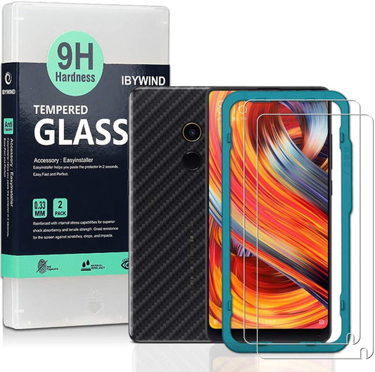 Xiaomi Mi Mix 2 Ibywind Screen Protector [Pack of 2] 9H Tempered Glass Protector with Back Carbon Fiber Skin Protector,Including Easy Install Kit