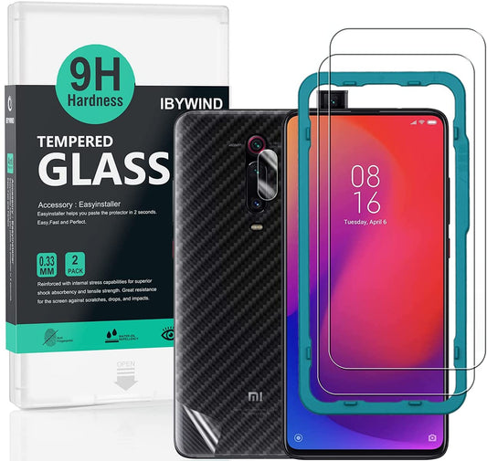 Xiaomi Mi 9T / Mi 9T Pro/Redmi K20 / Redmi K20 Pro Ibywind Screen Protector [Pack of 2] with Camera Lens Tempered Glass Protector,Back Carbon Fiber Skin Protector,Including Easy Install Kit