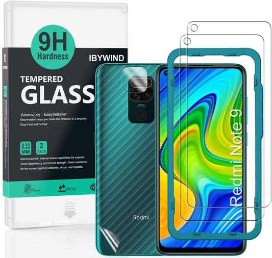Redmi Note 9 Ibywind Screen Protector [Pack of 2] with Camera Lens Protector,Back Carbon Fiber Skin Protector,Including Easy Install Kit