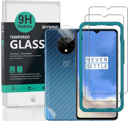 OnePlus 7T Ibywind Screen Protector [Pack of 2] with Camera Lens Protector,Back Carbon Fiber Skin Protector,Including Easy Install Kit