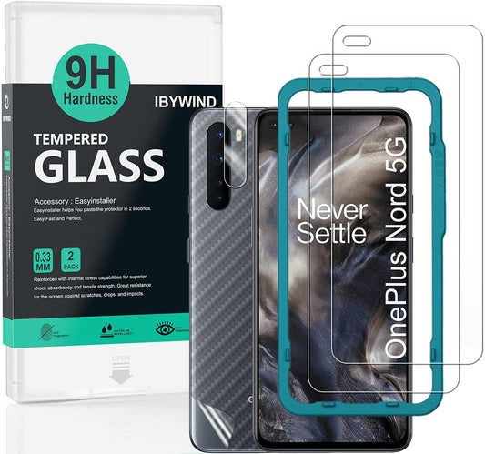 OnePlus Nord Ibywind Screen Protector [Pack of 2] with Camera Lens Protector,Back Carbon Fiber Skin Protector,Including Easy Install Kit