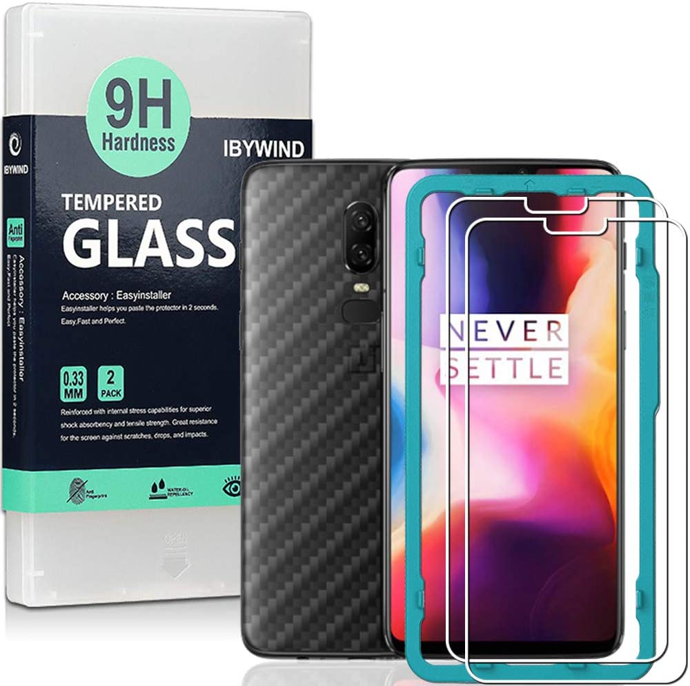 OnePlus 6 Ibywind Screen Protector [Pack of 2] Full Curved 9H Tempered Glass Protector with Back Carbon Fiber Skin Protector,Including Easy Install Kit