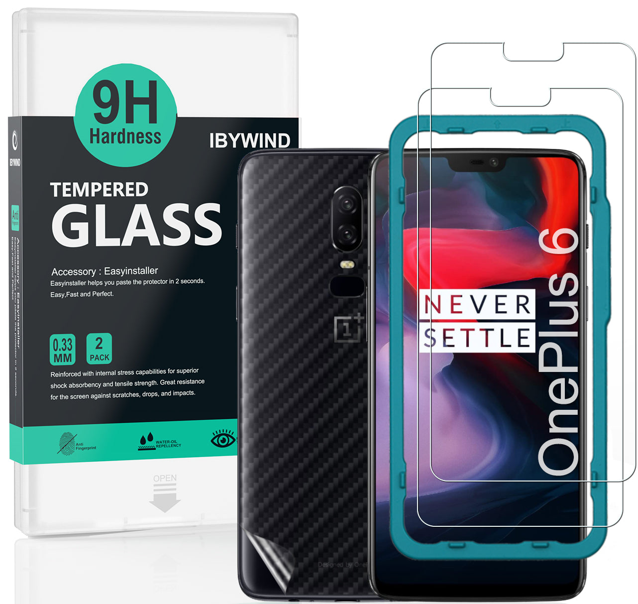 OnePlus 6 Ibywind Screen Protector [Pack of 2] Full Curved 9H Tempered Glass Protector with Back Carbon Fiber Skin Protector,Including Easy Install Kit