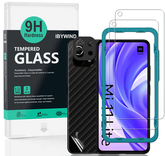 Xiaomi 11 Lite 5G NE/Mi 11 Lite 5G Ibywind Screen Protector [Pack of 2] with Metal Camera Lens Protector,Back Carbon Fiber Skin Protector,Including Easy Install Kit