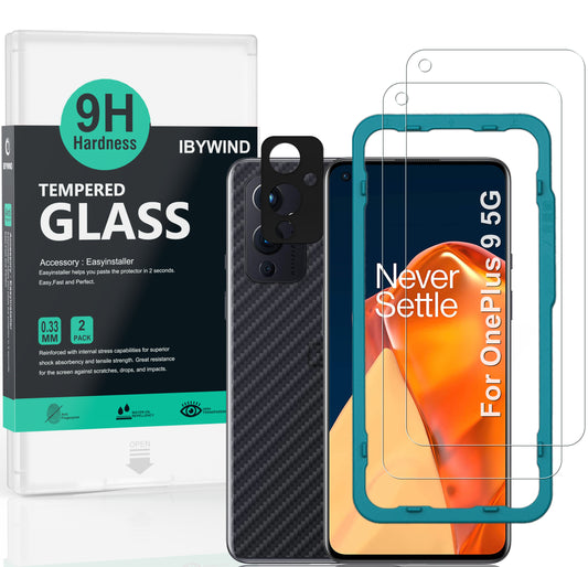 OnePlus 9 Ibywind Screen Protector for  [Pack of 2] with Metal Camera Lens Protector,Back Carbon Fiber Skin Protector,Including Easy Install Kit