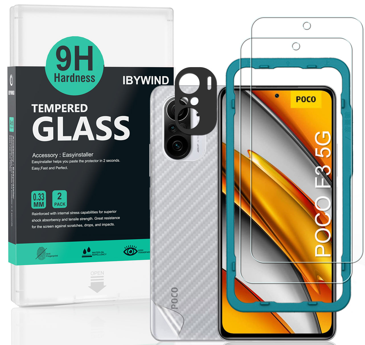 POCO F3 5G/Xiaomi Mi 11i 5G Ibywind Screen Protector [Pack of 2] with Camera Lens Protector (Graphite),Back Carbon Fiber Skin Protector,Including Easy Install Kit