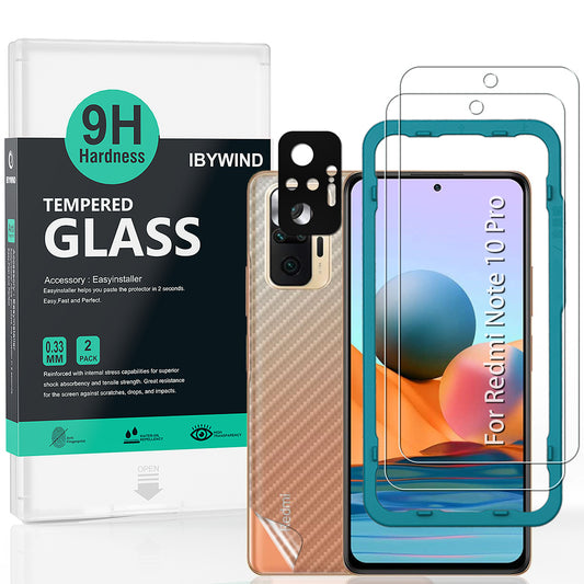 Redmi NOTE 10 PRO(6.67") Ibywind Screen Protector [Pack of 2] with Metal Camera Lens Protector,Back Carbon Fiber Skin Protector,Including Easy Install Kit