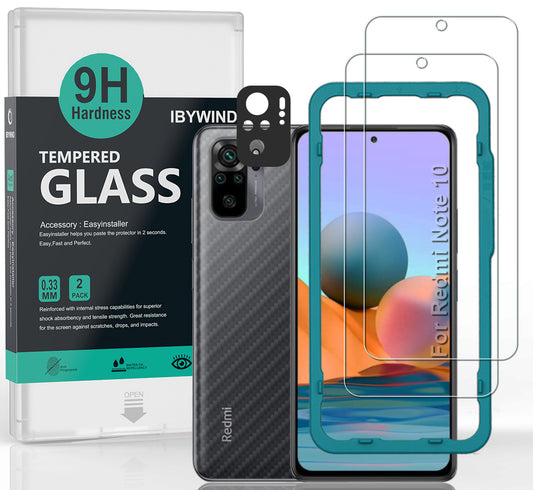 Redmi Note 10/Redmi Note 10S(6.43") Ibywind Screen Protector [Pack of 2] with Metal Camera Lens Protector,Back Carbon Fiber Skin Protector,Including Easy Install Kit