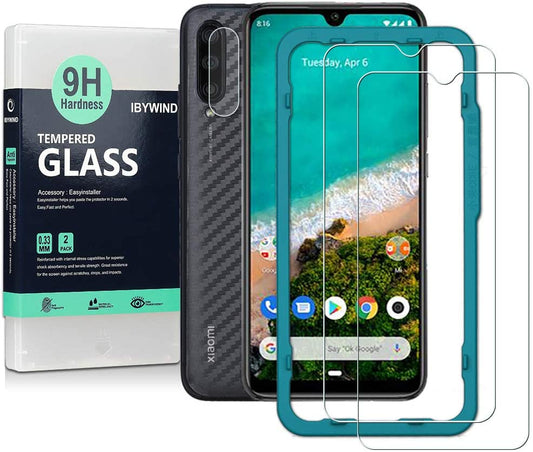 Mi A3 / Mi CC9e Ibywind Screen Protector [Pack of 2] with Camera Lens Protector,Back Carbon Fiber Skin Protector,Including Easy Install Kit