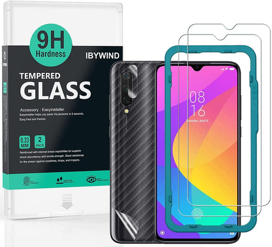 Mi 9 Lite Ibywind Screen Protector [Pack of 2] with Camera Lens Protector,Back Carbon Fiber Skin Protector,Including Easy Install Kit