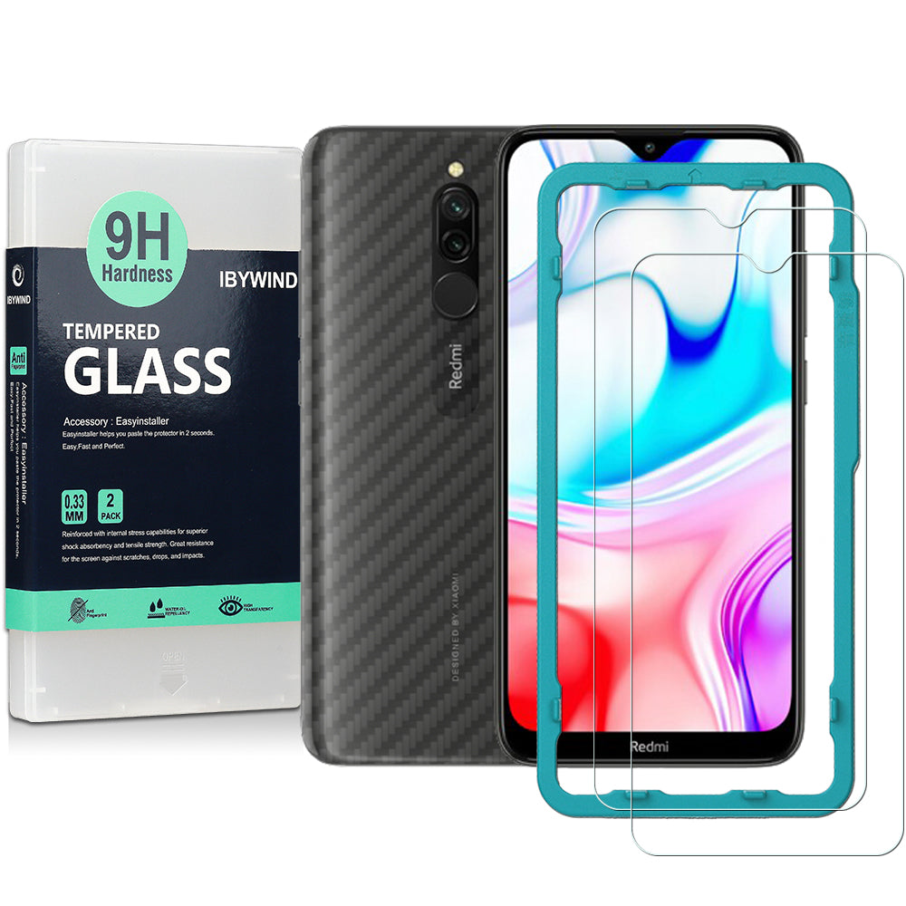 Redmi 8 Ibywind Screen Protector [Pack of 2] with Back Carbon Fiber Skin Protector,Including Easy Install Kit,Tempered Glass Film